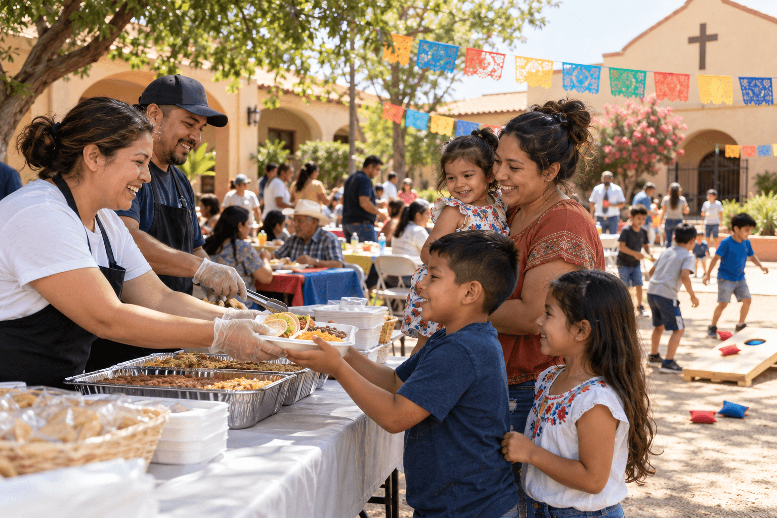 Families and volunteers sharing food and fun at a neighborhood community day
