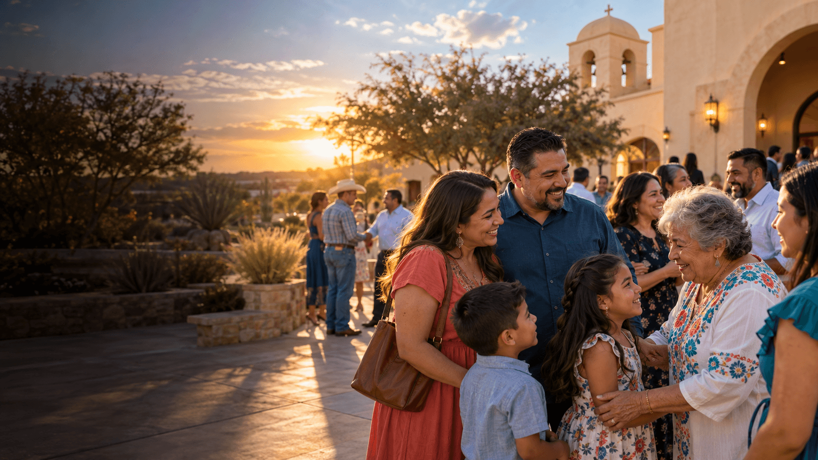 A multigenerational church community connecting outdoors at sunset